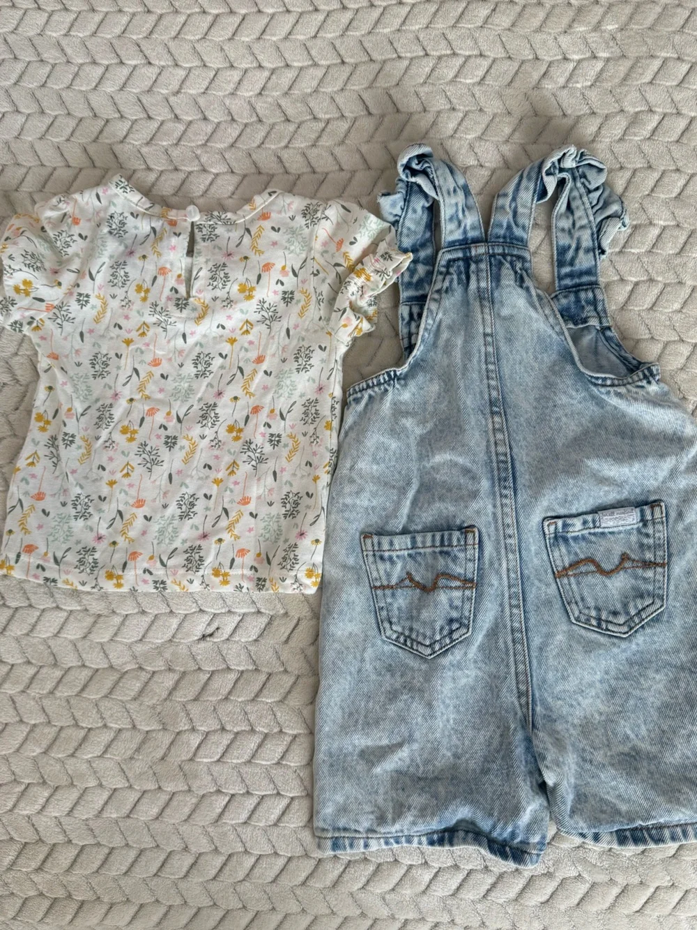 Light Wash Denim Short Ruffle-Strap Overalls and Shirt 12 Months